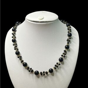 180 Trifari Black Bead Necklace with Gold Tone Accents